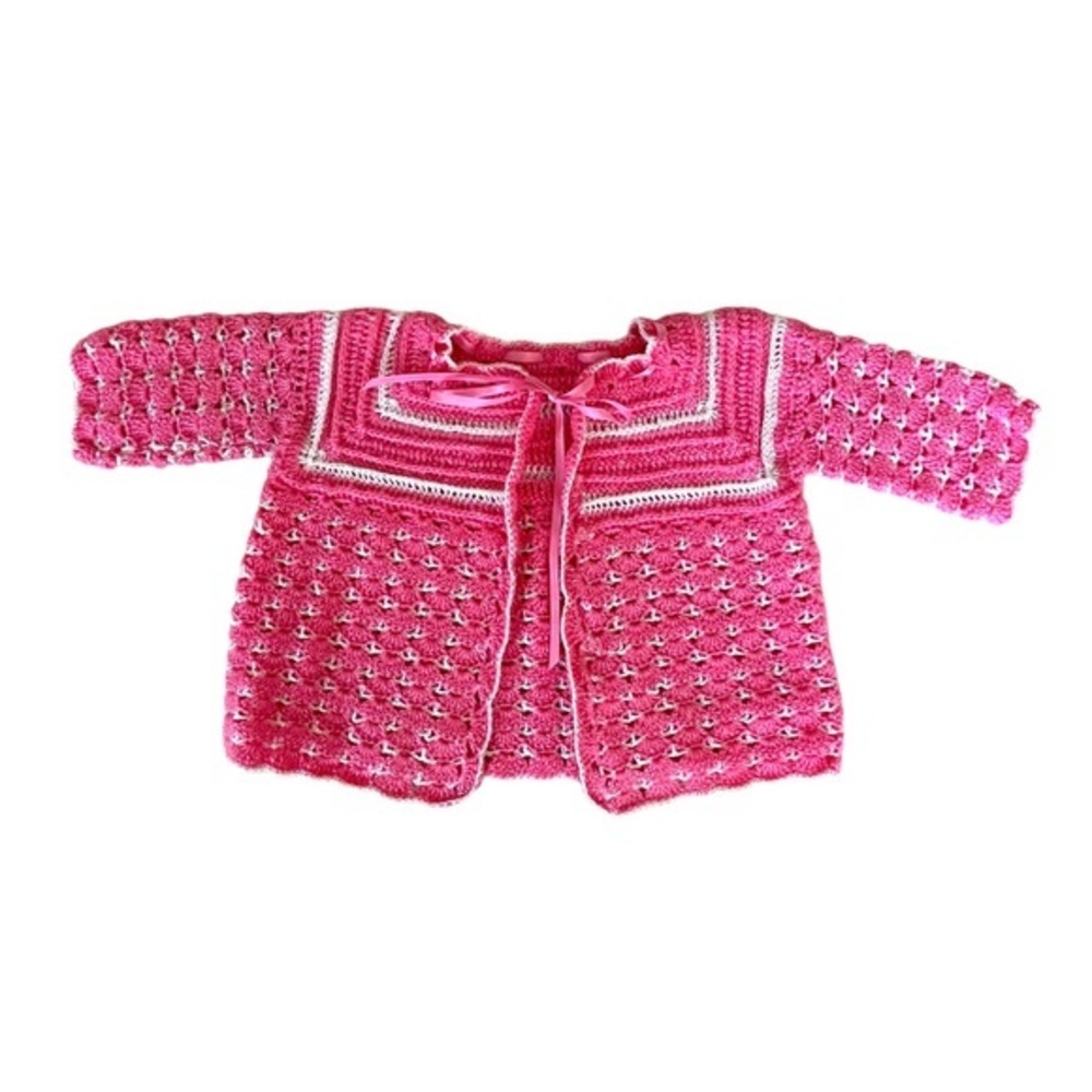 VINTAGE Handmade Hand Knit Crochet Sweater Top Pink Cardigan Long Sleeve White